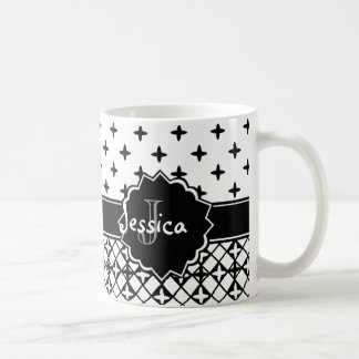 Taza De Café Quatrefoil blanco negro con monograma