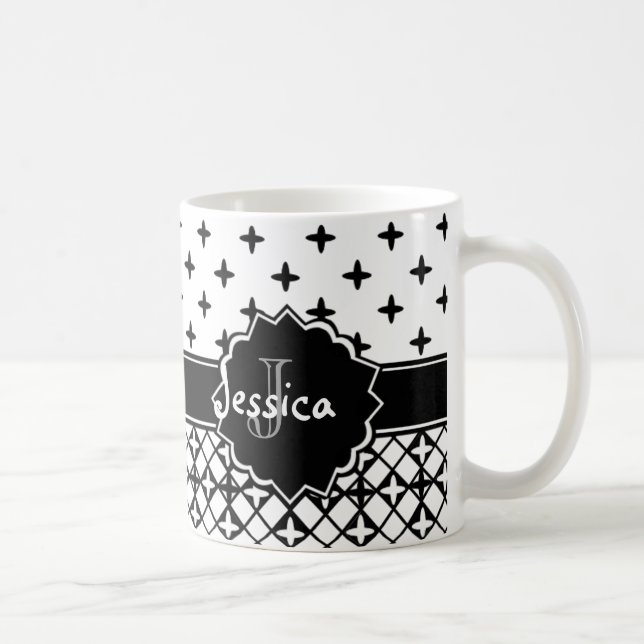 Taza De Café Quatrefoil blanco negro con monograma (Derecha)