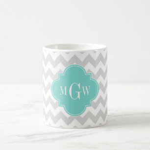 Taza De Café Quatrefoil de Chevron Aqua Gris 3 Monograma