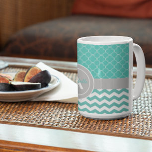 Taza De Café Quatrefoil de Chevron gris verde azulado