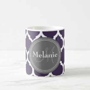 Taza De Café Quatrefoil morado y gris monogramado