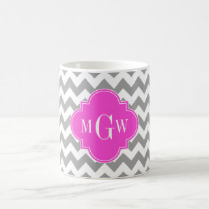 Taza De Café Quatrefoil rosa cálido de Chevron 3 Monograma