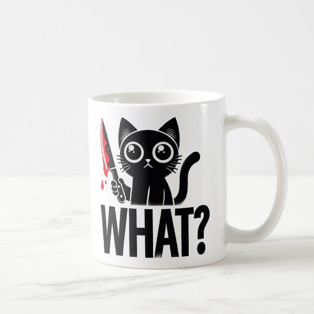 Taza De Café "Qué" Gracioso gato negro. Gato asesino con cuchil (Derecha)