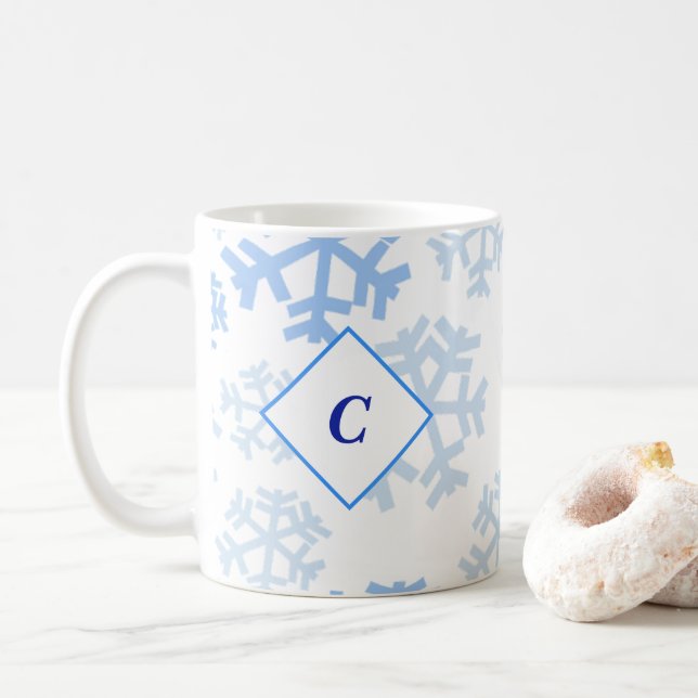 Taza De Café Que nieve azul Monograma Mug (Con donut)