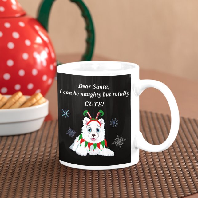Taza De Café Querido Santa, Samoyed travieso con diadema de elf (Subido por el creador)