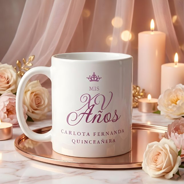 Taza De Café Quinceañera Romantic Exquisite Mis XV Spanish  (Quinceañera Romantic Exquisite Mis XV Spanish Calligraphy Princess Crown Coffee Mug for Quinceañera.)