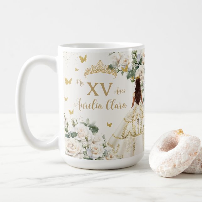 Taza De Café Quinceañera Vestido Floral Blanco Marfil Princesa  (Con donut)