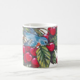 Taza De Café Quiras de pájaro azul rojo hojas frutales verano