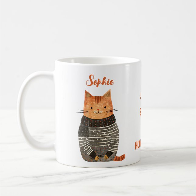 Taza De Café Quirky Cat Ilustracion con nombre curioso Cat Cita (Izquierda)