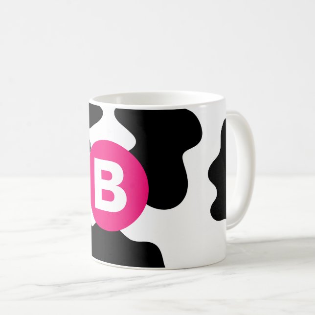 Taza De Café Quirky Cow Patch Pattern Pink Monogram (Anverso derecho)