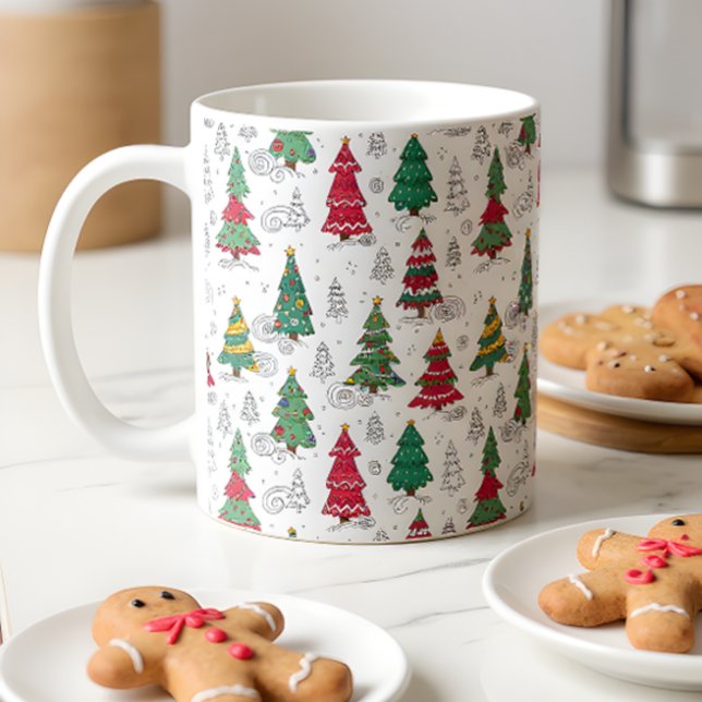 Taza De Café Quirky Whimsical Decorated Christmas Trees Doodles (Subido por el creador)