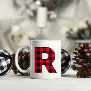 Taza De Café R de monograma de letra negrita a cuadros rojo y n