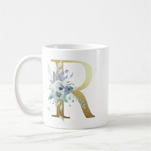 Taza De Café R, inicial dorada con follaje floral azul