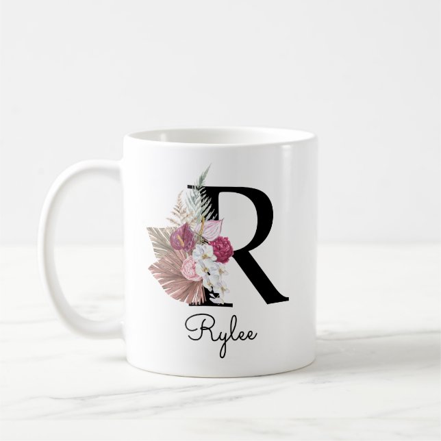 Taza De Café R Inicial Floral Boho Rosa Monograma (Izquierda)