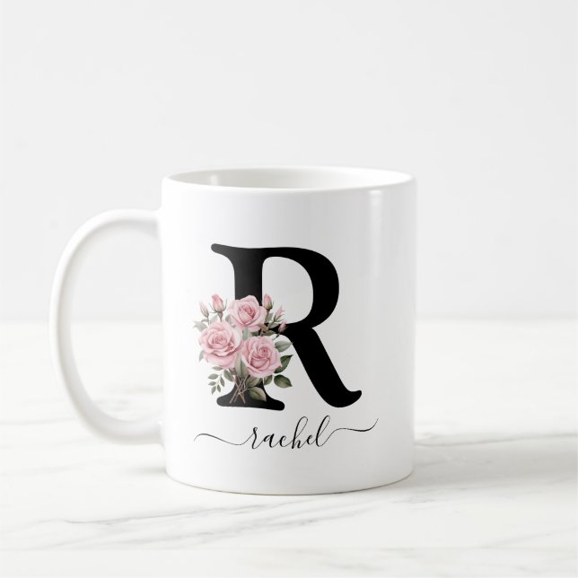 Taza De Café R Inicial Monograma Flor Flor Rosa Rosada Mug (Izquierda)