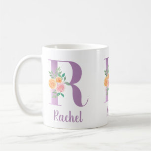 Taza De Café R Monograma Floral Púrpura Acuarela Personalizada