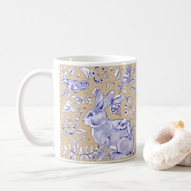 Taza De Café Rabbit Bird Blue Tan Elegent Floral Animal Nature (Con donut)