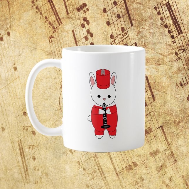 Taza De Café Rabbit Clarinet Marcha Banda Roja Blanco (A mug with a white rabbit playing the clarinet wearing a red and white marching band uniform.)