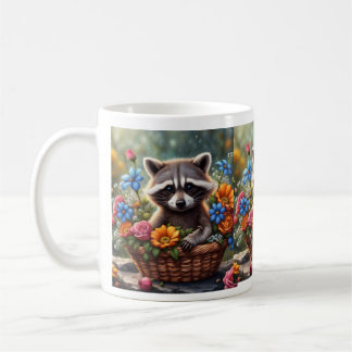 Taza De Café Raccoon bebé en una canasta de flores