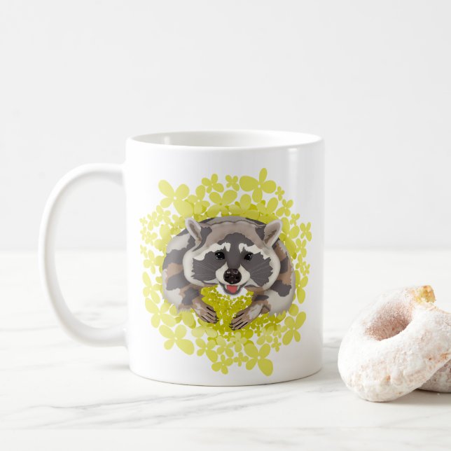 Taza De Café Raccoon con flores amarillas (Con donut)