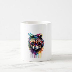 Taza De Café Raccoon en audífonos y gafas