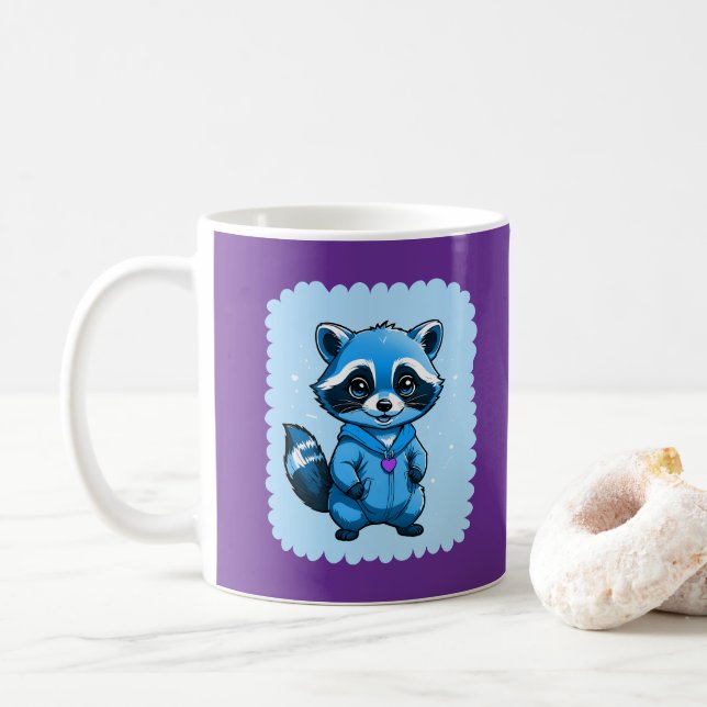 Taza De Café Raccoon Pequeño En Mug Azul (Con donut)