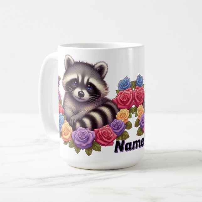 Taza De Café Raccoon rodeado de vibrantes Rosas coloridos (Anverso izquierdo)