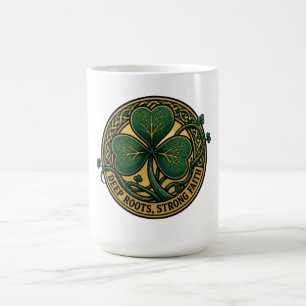 Taza De Café Raíces Profundas Fe Fuerte Trampilla Trébol de la