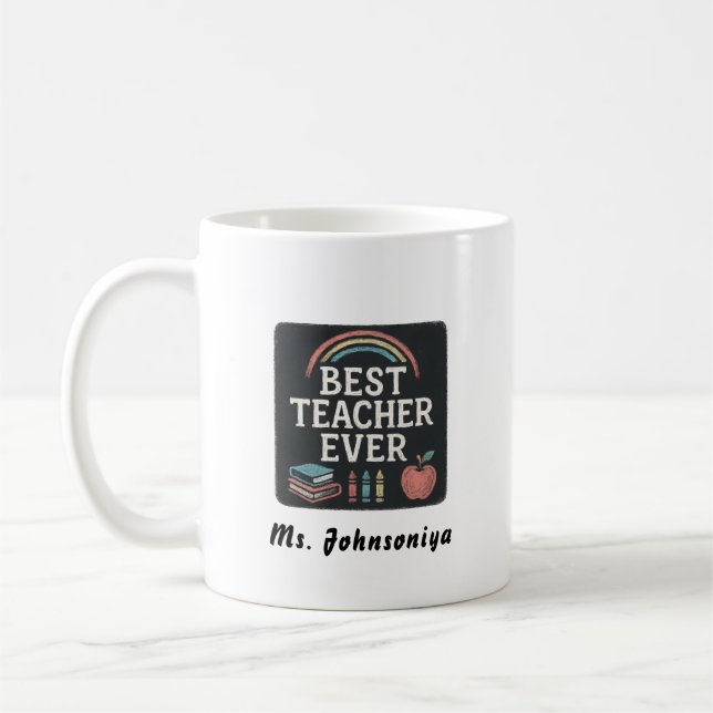 Taza De Café Rainbow Crayon Apple Black Badge Best Teacher Ever (Izquierda)