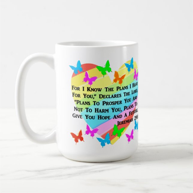 TAZA DE CAFÉ RAINBOW Y HEARTS JEREMIAH 29:11 (Izquierda)