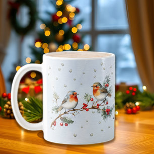 Taza De Café Rama con pájaros petirrojos y bayas Navidad