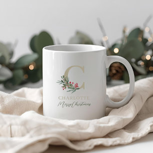Taza De Café Rama de bayas rústicas inicial y nombre Navidad