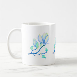 Taza De Café Rama de magnolia acuarela azul verde botánica