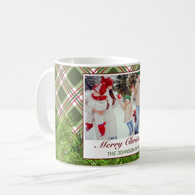 Taza De Café Rama de Pino Verde Rojo Merry Christmas Photo (Anverso izquierdo)
