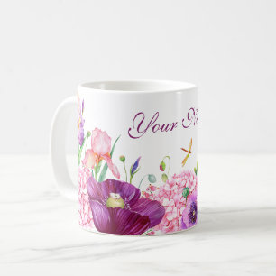 Taza De Café Rama floral de acuarela pájaro naturaleza nombre p