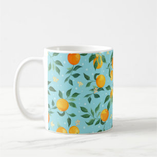 Taza De Café Ramas de naranjas con flores sobre fondo azul