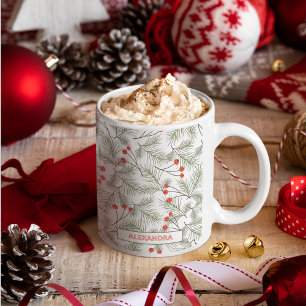 Taza De Café Ramas de pino y bayas Nombre personalizado Navidad