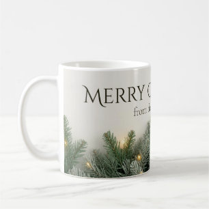 Taza De Café Ramas de Pino y Luces de Navidad Nombre Personaliz