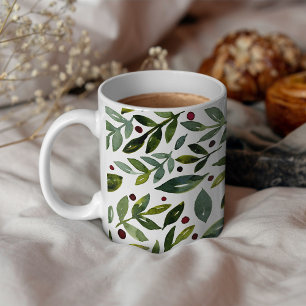 Taza De Café Ramas y bayas estacionales de las acuarelas verdes
