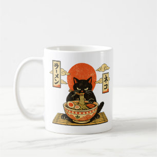 Taza De Café Ramen de gato negro de grabado en madera japonés v