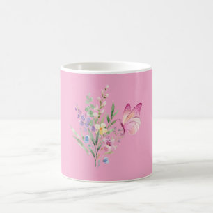 Taza De Café Ramo de flores silvestres en acuarela con mariposa