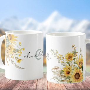 Taza De Café Ramo de girasoles de acuarela con monograma elegan