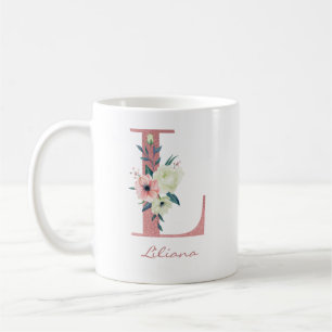 Taza De Café Ramo de letra floral elegante L rosa y marfil