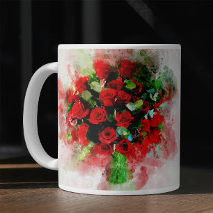 Taza De Café Ramo de Rosas Rojas Acuarela sobre Fondo Blanco