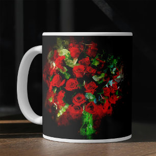 Taza De Café Ramo de Rosas Rojas Acuarela sobre Fondo Negro