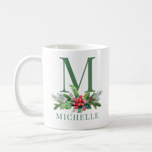 Taza De Café Ramo de Verdor Navideño con Floral Monograma Nombr