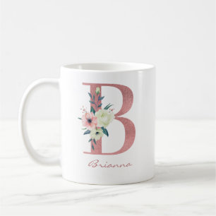Taza De Café Ramo elegante de flores con letra B en rosa y marf