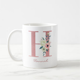 Taza De Café Ramo elegante de flores con letra H en rosa y marf