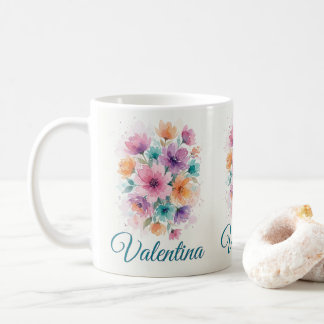 Taza De Café Ramo Floral Acuarela Personalizado Nombre Café