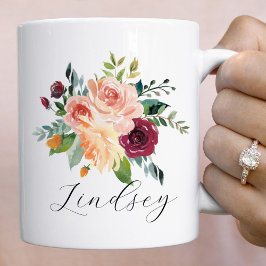 Taza De Café Ramo Floral Rosa Borgoña Nombre en Letra Script